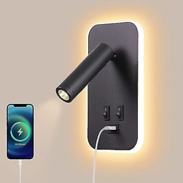 Led-seinävalaisin, sängyn vieressä luettava valaisin kytkimellä, USB-latausportti, makuuhuoneen tunnelmavalaistus säädettävällä valokeilalla (3W 3000K + 9W 6000K) Musta -GT ( )