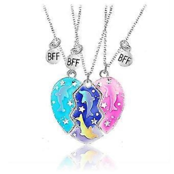 3-delat Silverkedja Halsband för Kvinnor, Bästa Vänner Halsband för 3 Flickor, Delfin Stjärna Halsband BFF Separerbart Hjärta Hänge för Syster Vän Födelsedag