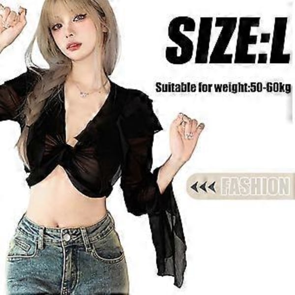 Dame Bluse med knyting foran, lange trompetermer, gjennomsiktig netting crop top, ensfarget langermet, svart (L)