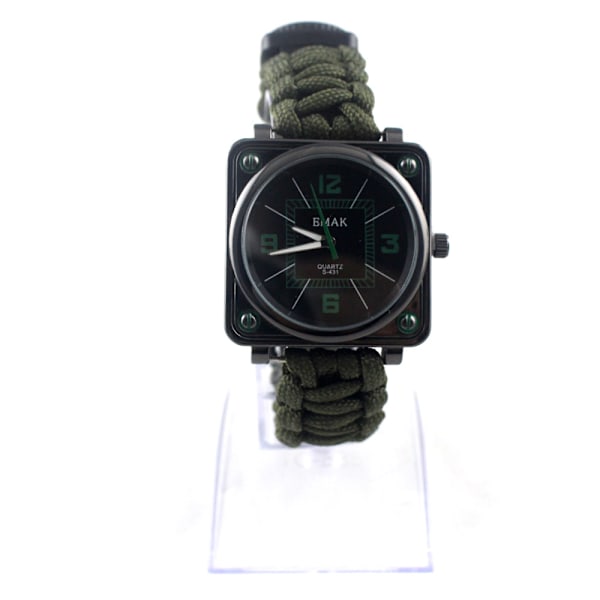 (Army Green) Multifunktionelt udendørs overlevelsesur armbånd overlevelseskit reb fløjte + + kompas + lighter til vandreture camping klatring førstehjælpskasse