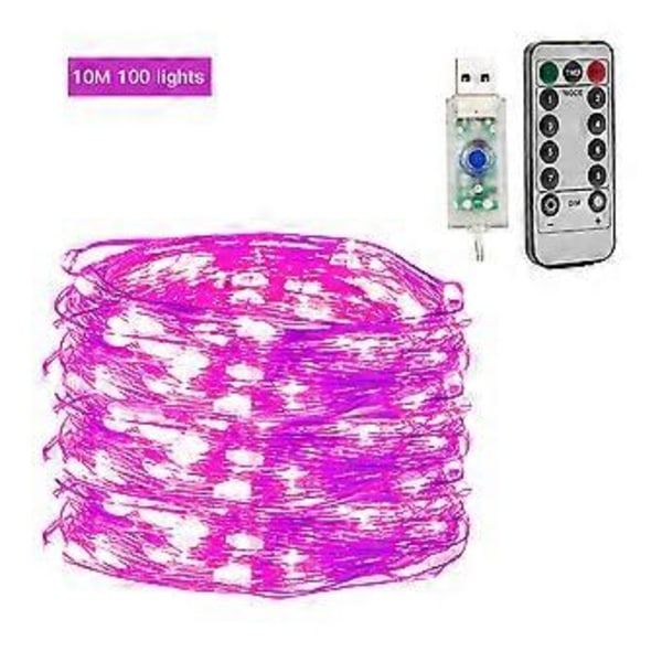 2023 Nya USB-anslutna koppartrådslampor med fjärrkontroll, 8 lägen, vattentät timer för juldekoration 50/100/200 LED (10M 100 lampor Rosa)
