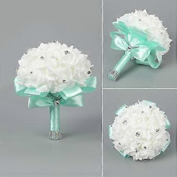 Kunstig Brudebuket, Rosebuket til Brud og Brudepiger med Krystaldiamant Bløde Bånd, Brudepiger Holder Blomster (Tiffany Blå)