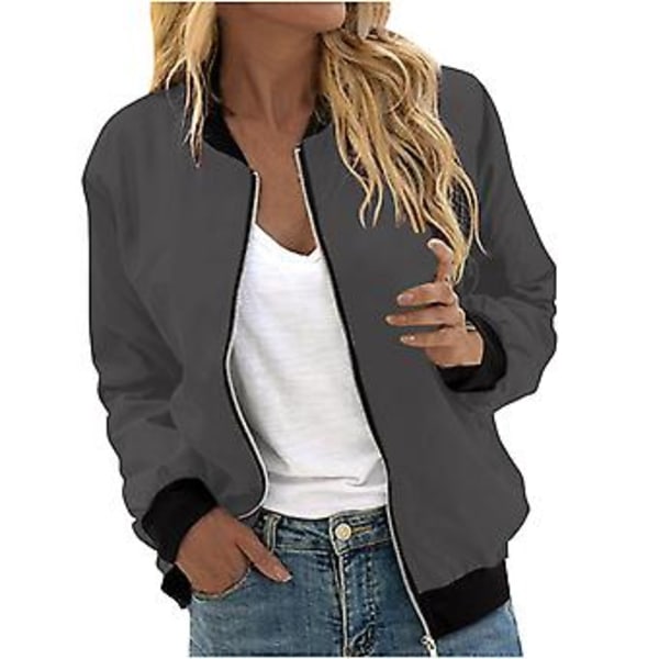 Womens Jackets Lightweight Zip Up Casual Bomber Jacket Coat Stand Collar Short Outwear Tops L Dark Gray