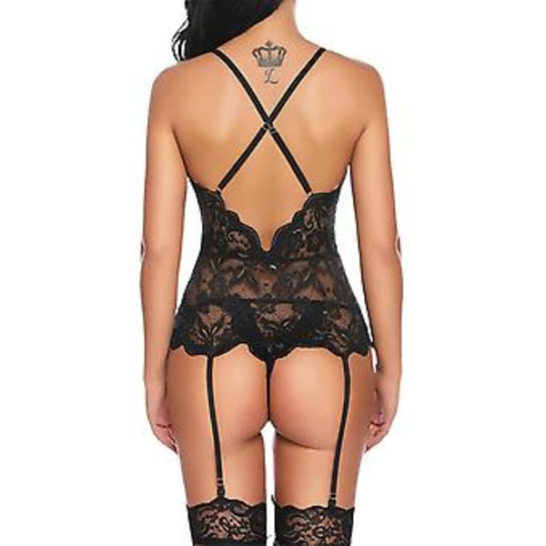 Naisten seksikäs pitsi-alusasu syvä V-aukko ristiselkä bodystocking ja sukkanauha-alusasu babydoll yöasu (L Musta)