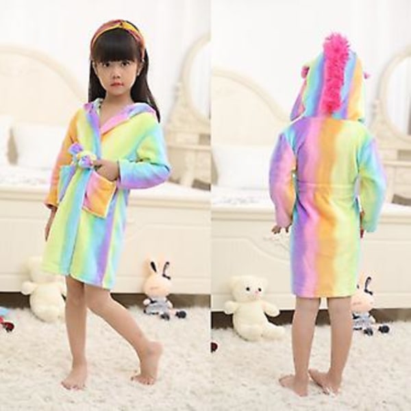 Barnflickor 3-10 År Unicorn Flanell Huvtröja Badrock Klänning Bälte Robe Nattkläder (6-7 År Regnbåge)