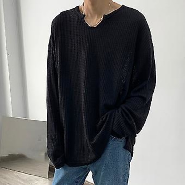 Mænd Forår Efterår O-Hals Langærmet Trøje Solid Farve Løstsiddende Waffle Struktur T-shirt Streetwear (2XL Grå)