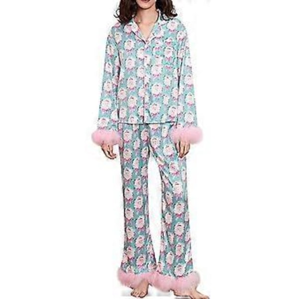 Dame Pyjamassett med Fjærkant, Lang Erme, Knapper, Todelt Loungesett, Satin PJs, Pyjamas, Nattøy (2XL Blå)