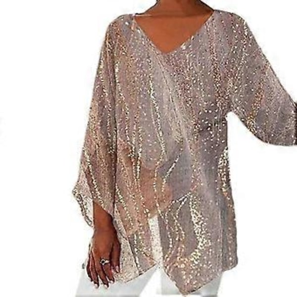 Dam Vår Höst Topp V-ringning Oregelbunden Fåll Mellanlång Långärmad Lös Casual Pullover Blommönster Färgmatchning Plus Size Dam T-shirt (4XL guld)