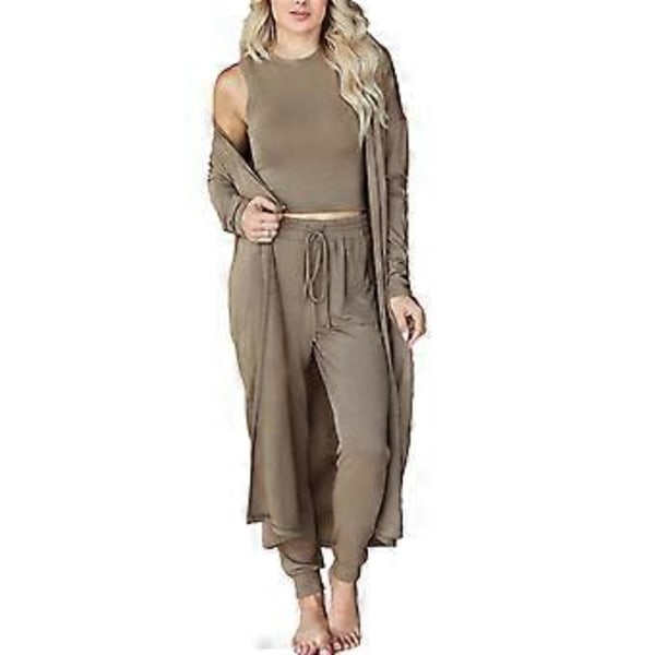 3-delat Pyjamas Set för Kvinnor Höst Vinter Hemkläder Set 3-delat Loungewear Set Väst Byxor Kavaj Set (XXL Khaki)