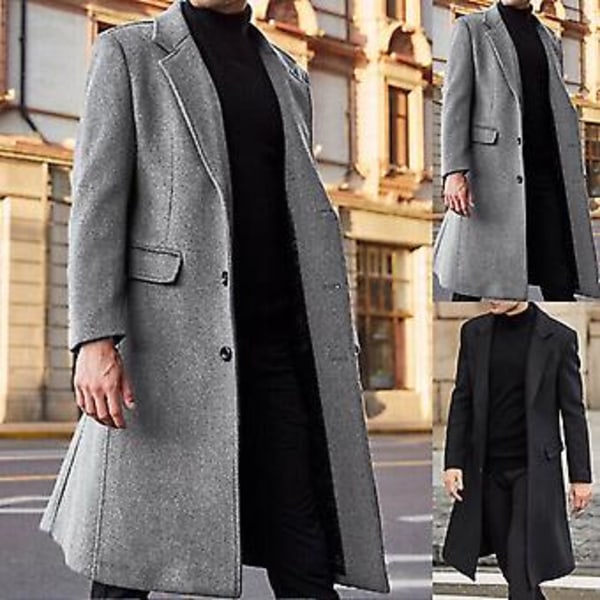 Fianao Vintermænd Langærmet Knapper Jakke Overfrakke Mellem Lang Trenchcoat Jakke (2XL Grå)