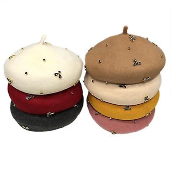 Visrover Vinter Ull Beret Med Krystall Bie Kvinne Ull Caps Vinter Høst Vår Hatt Solid Farge Topp Kvalitet Kvinner Boina (lys rosa)