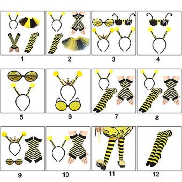 Bi-dräktset med Bi-öron, Huvudband, Tutuskjort, Solglasögon, Strumpbyxor, Överärmar för Barn och Vuxna (Vuxenstrumpor)