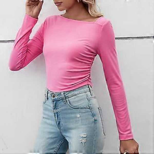 (UUSIKUOSI) Kirkkaan Pinkki Naisten Seksikäs Epäsymmetrinen Pääntie Pitkähihainen Ribbineulos Slim Fit Tiukka T-paita Crop Topit (style10287)