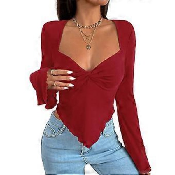 (NYTT MØNSTER) Langermet Cropped Topp T-skjorte med firkantet hals for kvinner, ensfarget asymmetrisk bluse, strikket ribbestrikket cropped topp (style10257)