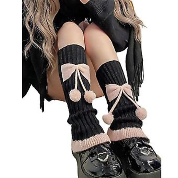 Naisten Ribbed Knit Cute Pompom Bowknot Leg Warmer Ruffle Flared Hem Pitkät Sukat (Musta 1)