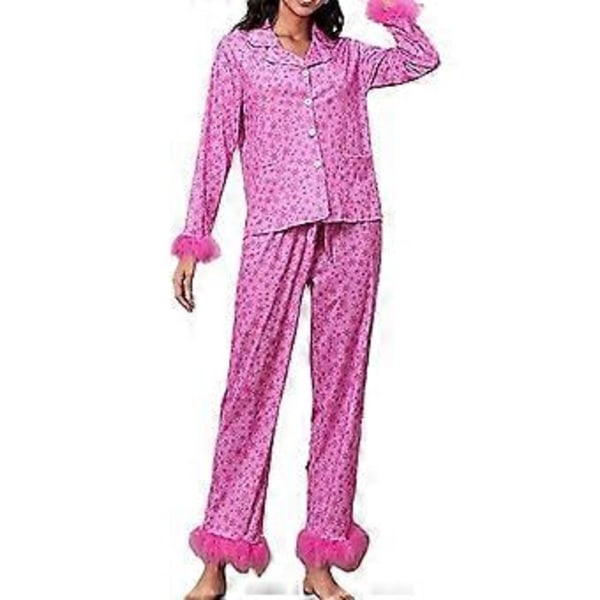 Dame Pyjamasæt med Fjerkant Langærmet Knappet Top Bukser 2-delt Lounge Set Satin Pjs Pyjamas Nattøj (XL Rose Rød Snefnug)