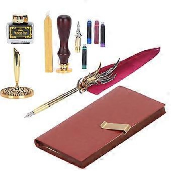 Dopp Kalligrafipenna Set Fjäder Bläckbehållare Fyllningspenna Presentförpackning Kit med Lackstämpel VerktygSP139006 Vinröd