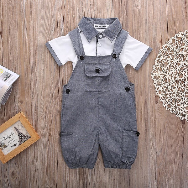 Baby Boy Clothes Summer Gentleman Suits Newborn Short Sleeve T Shirt + Belt Pants Infant Toddler Overall Set 100cm