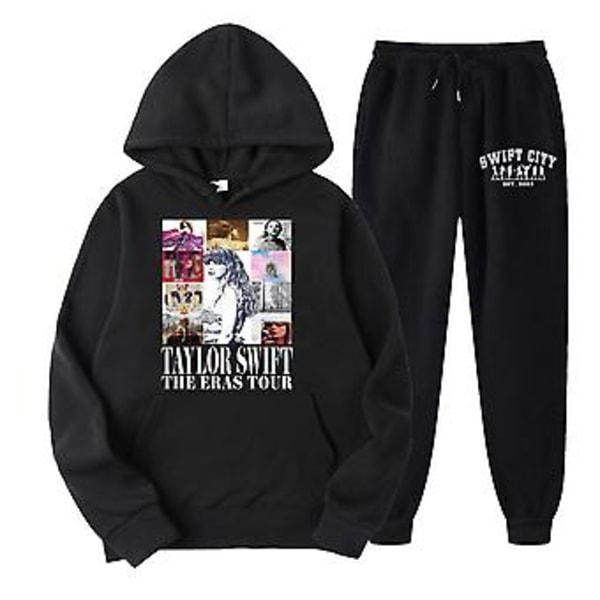 Taylor Hooded Sports Tracksuit Two-piece Outfits Fans Long Sleeve Pullover Hoodies Sweatshirt+sweatpants Trouser Set Kit(S Black)