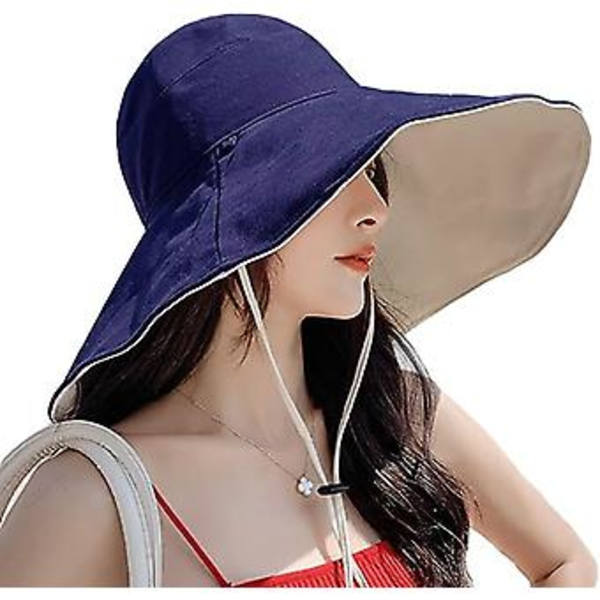 Solhatt för kvinnor, sommarstrand, UV-skydd, UPF, hopfällbar, bred brätte, haksnöre, kan bäras på båda sidor, stor bucket-hatt