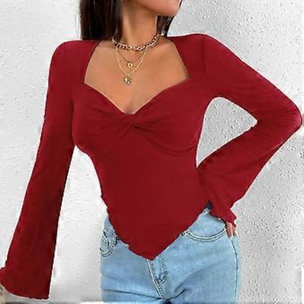 (NYTT MØNSTER) Langermet Cropped Topp T-skjorte med firkantet hals for kvinner, ensfarget asymmetrisk bluse, strikket ribbestrikket cropped topp (style10257)
