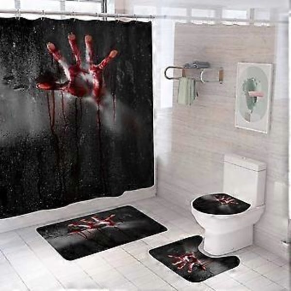 Bloody Hands Halloween Dusjforhengsett, Generisk Halloween Baderomsdekor Sett 180 cm x 180 cm - Dusjforheng med Matte, Toalettlokkdeksel, Badem.
