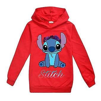 Lilo & Stitch Hettegenser for Jenter og Gutter, Avslappet Hettegenser, Jumper, Topp, Pullover, Aktivtøy, 7-8 År, Rød