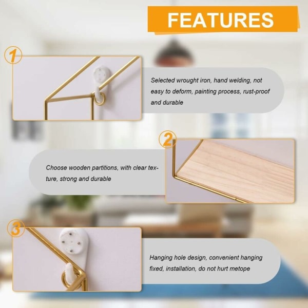 Set med 3 stugformade vägghyllor Metall trä flytande hylla Väggmonterad organizer för kök badrum sovrum (guld stuga)