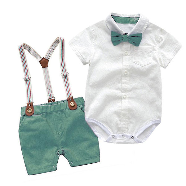 Infant Baby Boys Gentleman Outfits Suits Bowtie Suspenders Shorts Formal Outfit Green 3-6M