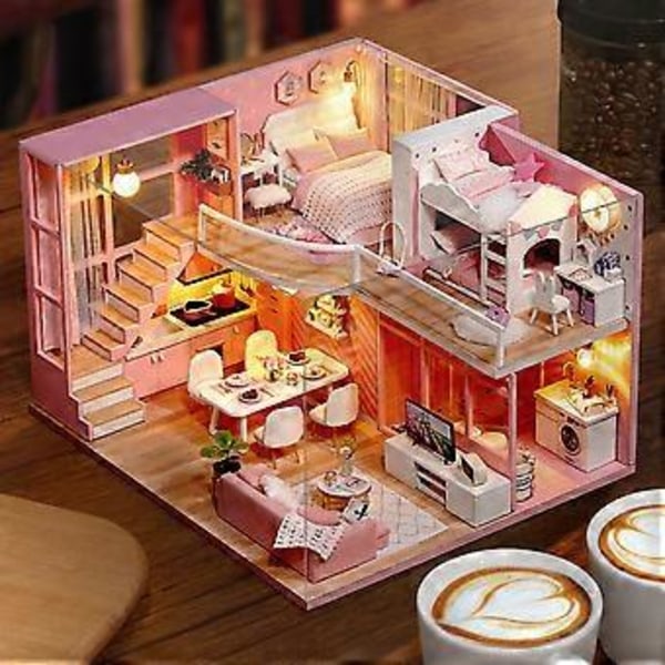 DIY Handgjord Miniatyr Rosa Flickas Träloftdockhusmodellkit Leksakspresent ( )
