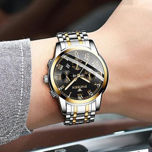Fngeen Herre Vandafvisende Ur Kvarts Analog Rustfrit Stål Lysende Visere Armbåndsur (Sort Urtavle)