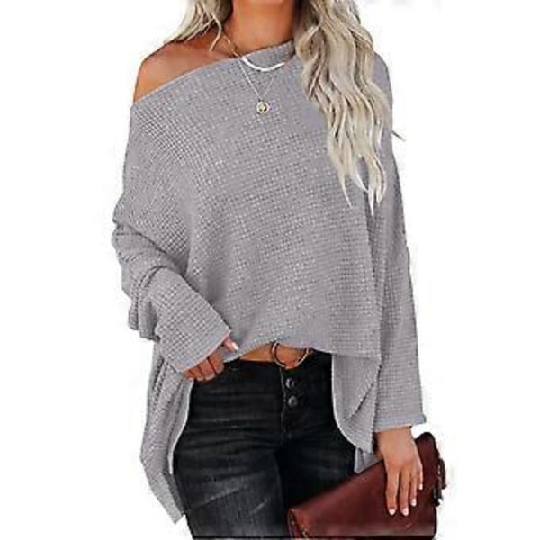 Stickad Tröja Batwing Långärmad En Axelsymmetrisk Ren Färg Trendig Casual Toppar för Kvinnor (XL Grå)
