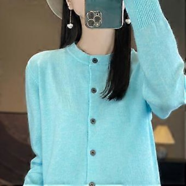 Vår och Höst Damkofta Enfärgad Rund Hals Enkelknäppt Stickad Underdel Damtröja Jacka (2XL cyan)