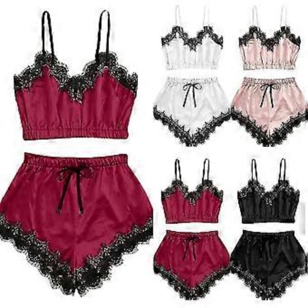 Dam Underkläder Spets Siden Satin Cami Linne Toppar Shorts Pyjamas Set Sovkläder Nattkläder Pj's -NMAOV(L Vinröd)
