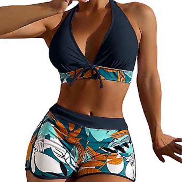 Women Leaf Printed Padded Bikini Set Halterneck Bra Bowtie Top High Waist Boy Shorts Swimsuit Summer Beach Swimwear(L Black)