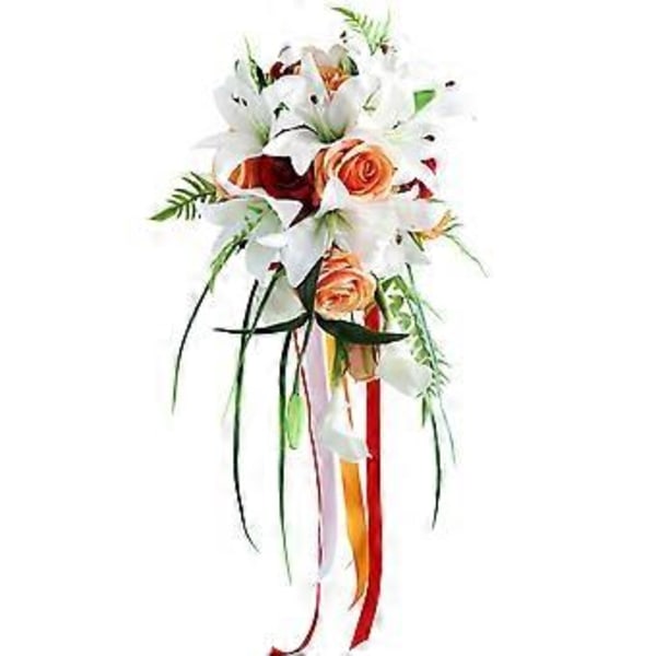Bryllupsbuket til bruden, vanddråbestil kunstige blomster lilje rose buket falske blomster til bryllupsceremoni, jubilæum og hjemmedekor