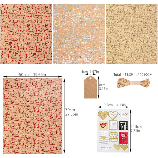 6 st Kraft Presentpapper, Ark Metallisk Kärlek Hjärta Wrappi