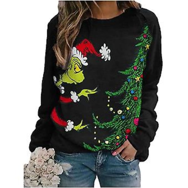 Dam Sweatshirts med Julmotiv av Grinchen - Casual Julparty Pullover Blus Toppar (3XL Svart)