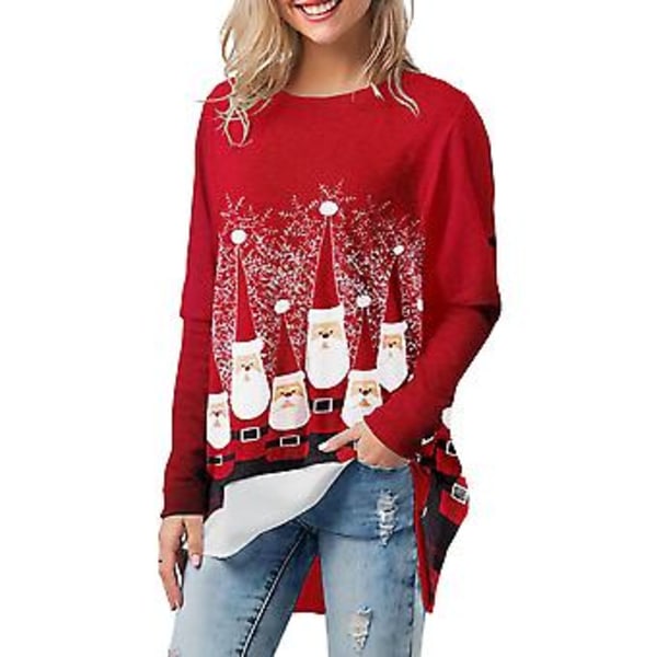 Glædelig Jul Kvinder Dame Rundhals Xmas Trykte Tops Casual Festival Langærmet T-shirt Tee(S )