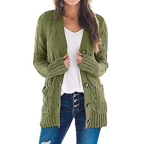 Kvinners Langærmet Kabelstrikket Cardigan med Lomme Casual Jakke Ensfarget (M Army Green)