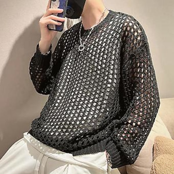 Herrarnas Hål Topp Mesh Fishnet Solid Färg Rund Hals Lös Långärmad Clubwear Hip Hop Genomskinlig Elastisk Tröja Party Topp (2XL Svart)
