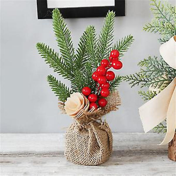 Miniatyr Julgran Små Träbordsprydnader Juldekoration Nyår (Röd Frukt)