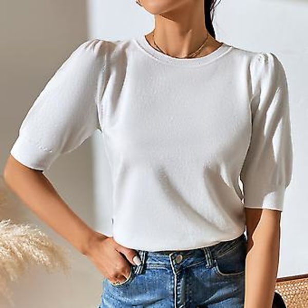 Dame Strikket T-shirt Kort Puffærmer Stramme Manchetter Ren Farve Casual Sommer Top Til Daglig Brug (L Hvid)