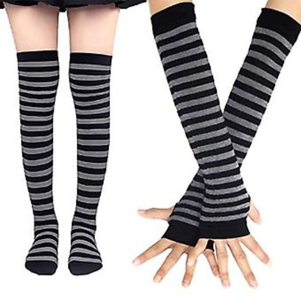 Stretchiga Armvärmare Ärmar Knästrumpor Set Randiga Långa Fingerlösa Vantar (Grå svarta ränder)