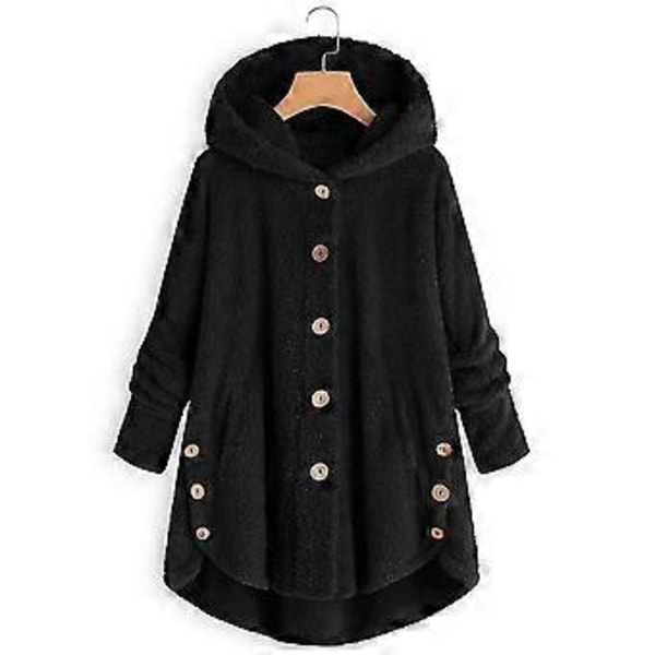 Damejakke Mode Knap Fluffy Uld Hættejakke Løs Vinter Varme Plus Størrelse (XL Sort)