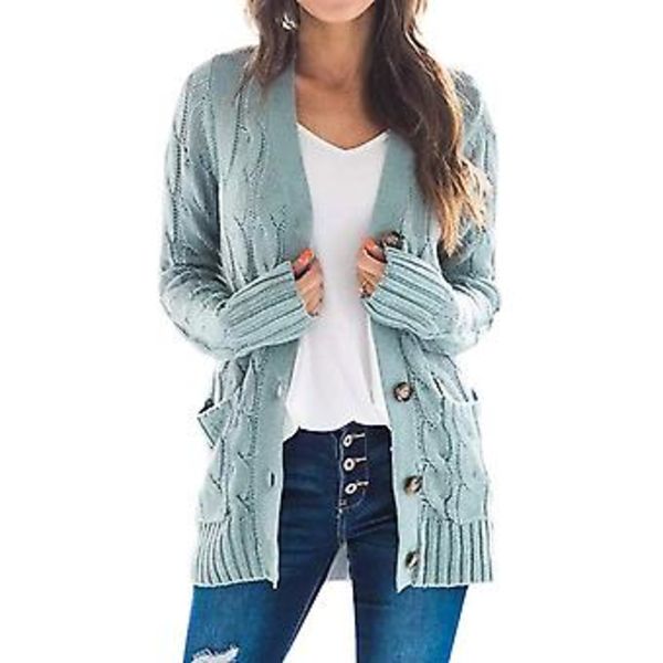 Kvinnors Långärmad Kabelstrickad Cardigan med Fickor Casual Kavaj Enfärgad (L Grön)