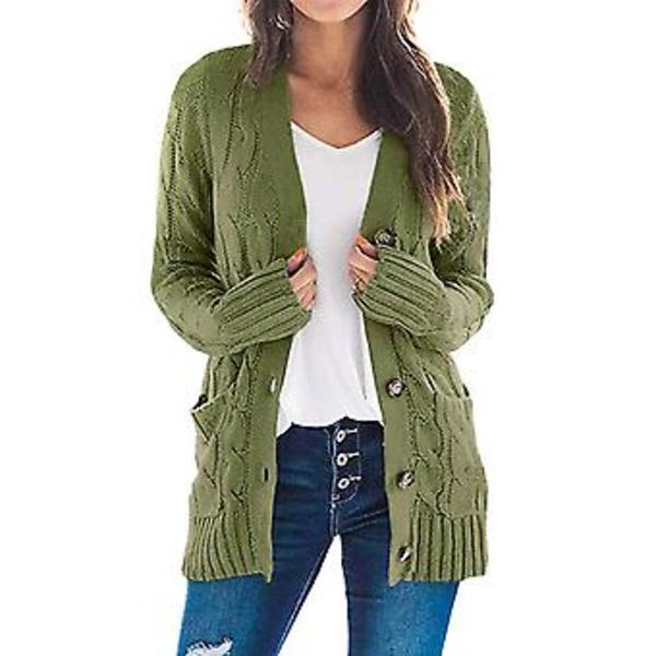 Kvinnors Långärmad Kabelstrickad Cardigan med Fickor Avslappnad Kavaj Enfärgad (2XL Arméggrön)