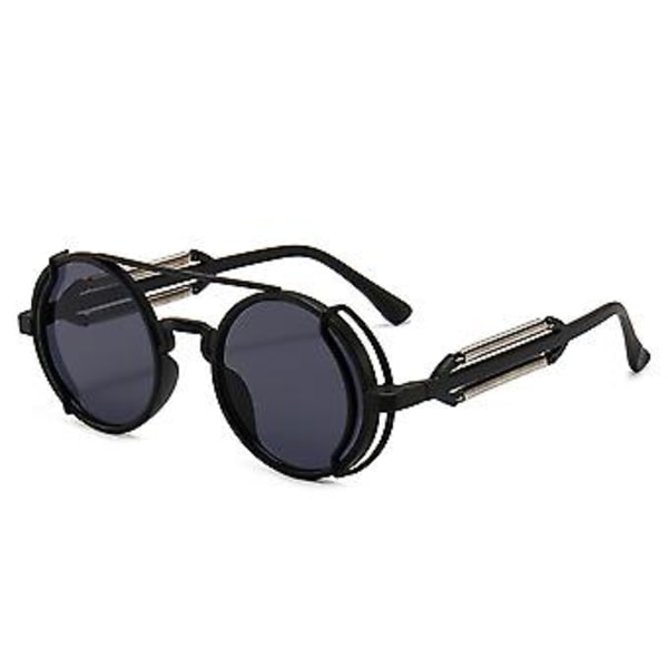 Unisex Retro Gothic Steampunk -aurinkolasit naisille ja miehille Vintage pyöreät linssit metallikehyksellä Hippie-lasit (musta harmaa)