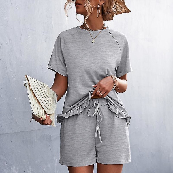 Ladies Loose Top And Shorts Home Clothes Women Summer Casual Crew Neck Light Gray Light Gray M