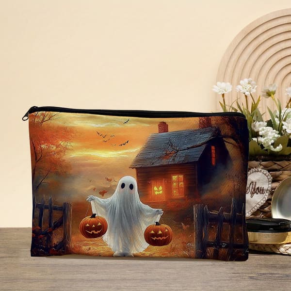 Halloween Spøgelse Græskar Print Opbevaringstaske, Bærbar Lynlås Makeuptaske og Diverse Opbevaringspose
